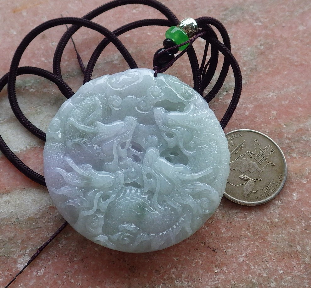 Certified Hand Carved Lavender Natural Myanmar Burma A Jade Jadeite 9 Dragon Spit Bead Circle Pendant Necklace