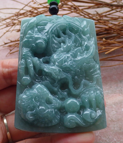 Certified Hand Carved Green Myanmar Burma Natural A Jade jadeite Dragon Tiger Ruyi Pendant Necklace