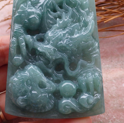 Certified Hand Carved Green Myanmar Burma Natural A Jade jadeite Dragon Tiger Ruyi Pendant Necklace