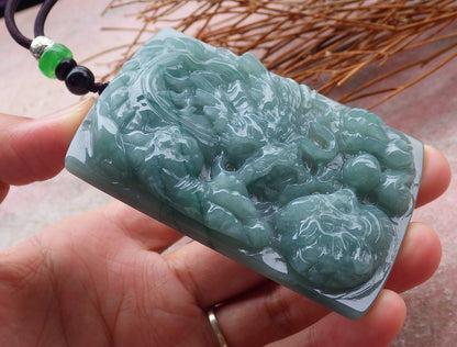 Certified Hand Carved Green Myanmar Burma Natural A Jade jadeite Dragon Tiger Ruyi Pendant Necklace