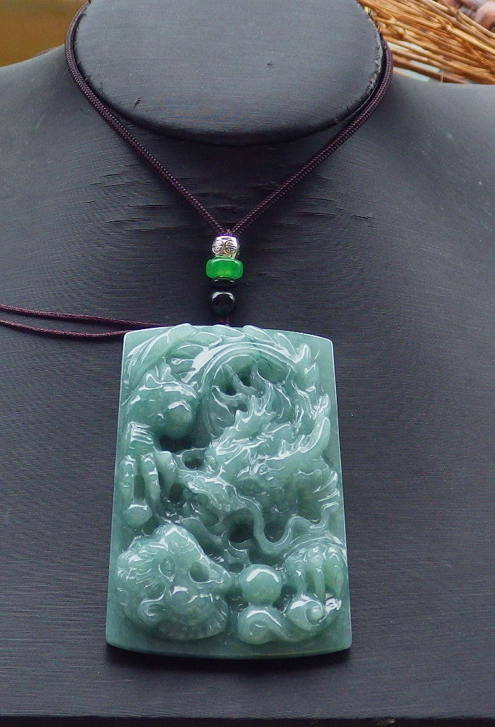 Certified Hand Carved Green Myanmar Burma Natural A Jade jadeite Dragon Tiger Ruyi Pendant Necklace