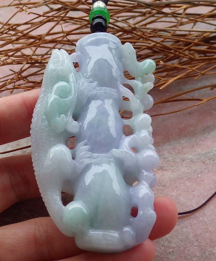 Certified Hand Carved Lavender Green Myanmar Burma Natural A Jade jadeite Dragon Lizard Pendant Necklace