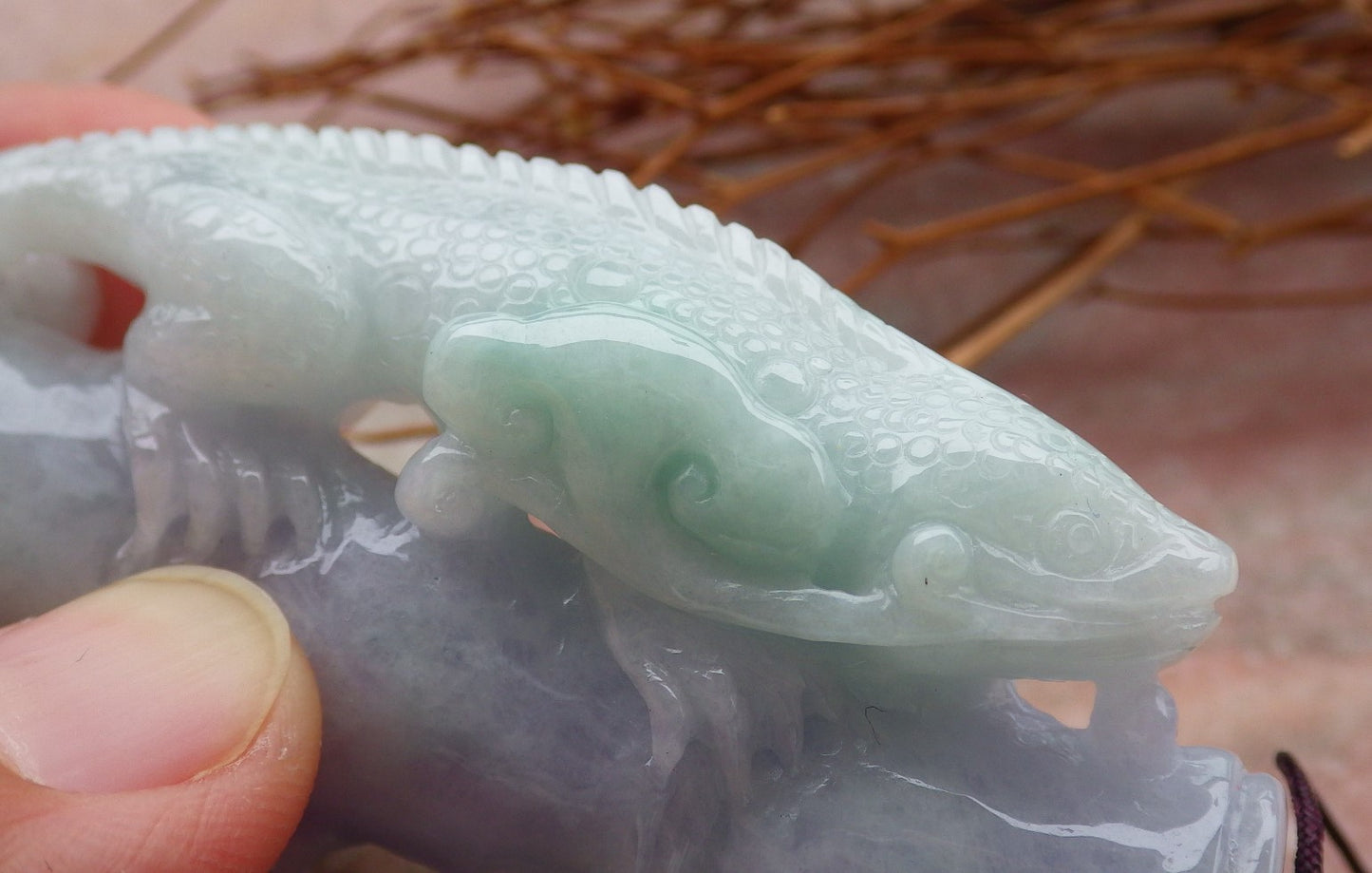 Certified Hand Carved Lavender Green Myanmar Burma Natural A Jade jadeite Dragon Lizard Pendant Necklace