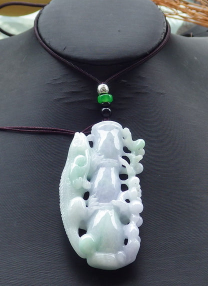 Certified Hand Carved Lavender Green Myanmar Burma Natural A Jade jadeite Dragon Lizard Pendant Necklace