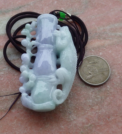 Certified Hand Carved Lavender Green Myanmar Burma Natural A Jade jadeite Dragon Lizard Pendant Necklace