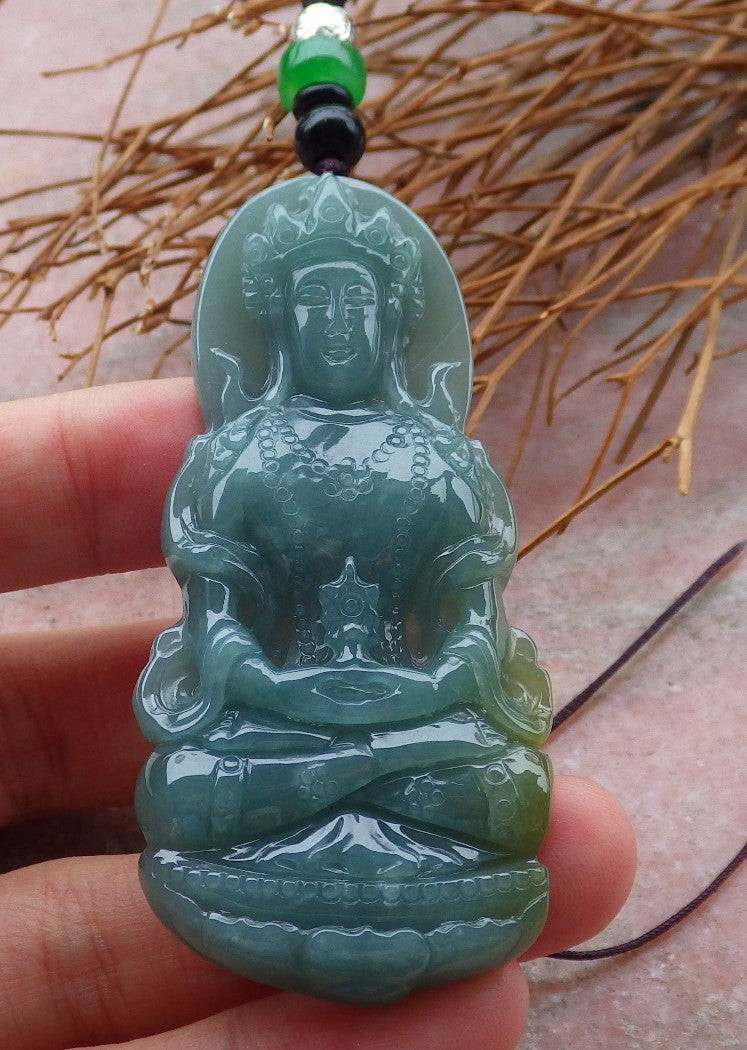 Certified Hand Carved Green 100% Natural Myanmar Burma A Jade Jadeite Guanyin Kwan yin Pendant Necklace