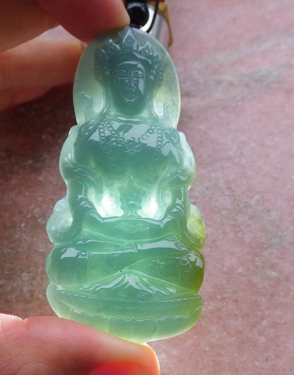 Certified Hand Carved Green 100% Natural Myanmar Burma A Jade Jadeite Guanyin Kwan yin Pendant Necklace