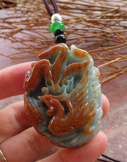 Certified Hand Carved Natural Red Green Burma A Jade jadeite Phoenix Flower Pendant Necklace