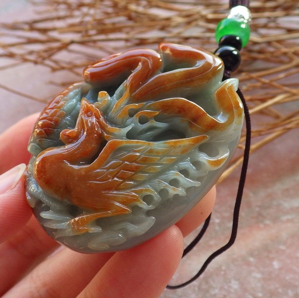 Certified Hand Carved Natural Red Green Burma A Jade jadeite Phoenix Flower Pendant Necklace