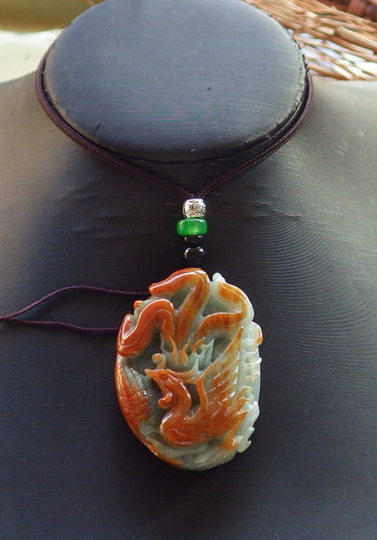 Certified Hand Carved Natural Red Green Burma A Jade jadeite Phoenix Flower Pendant Necklace