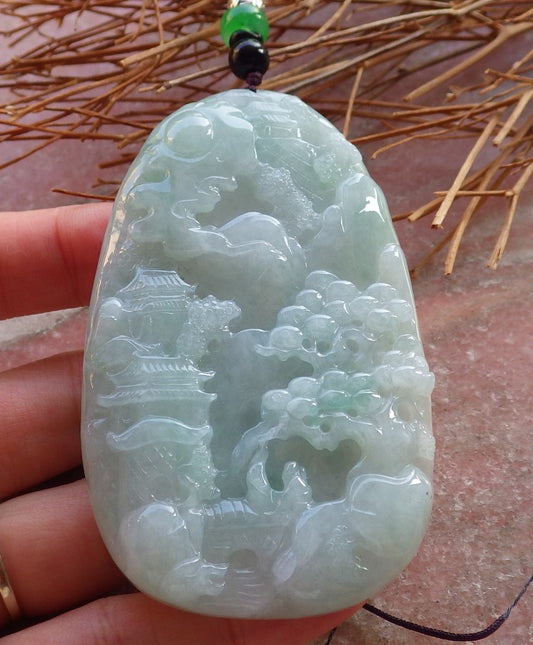 Certified Hand Carved Green Natural Burma A Jade jadeite Landscape Tree Painting Pendant Necklace