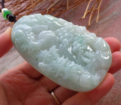 Certified Hand Carved Green Natural Burma A Jade jadeite Landscape Tree Painting Pendant Necklace