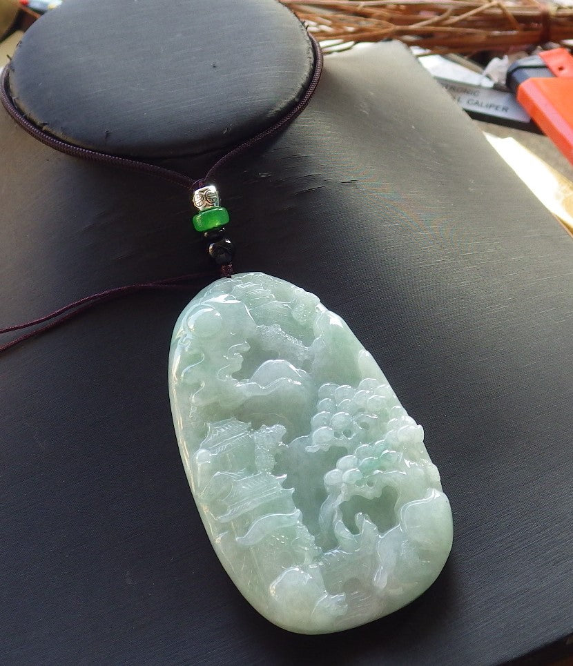 Certified Hand Carved Green Natural Burma A Jade jadeite Landscape Tree Painting Pendant Necklace