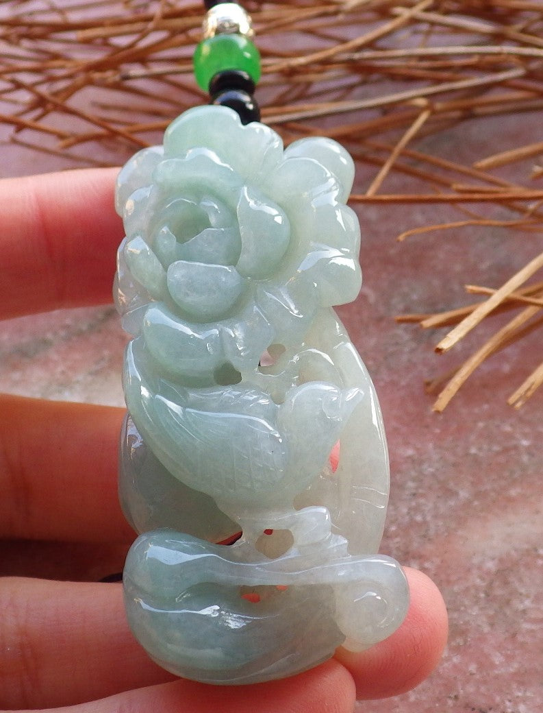 Certified Hand Carved Green Natural Myanmar Burma Grade A Jade jadeite Phoenix Bird Flower Pendant Necklace