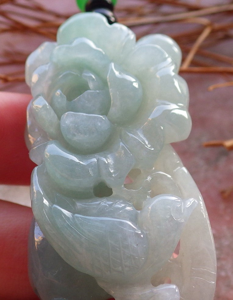 Certified Hand Carved Green Natural Myanmar Burma Grade A Jade jadeite Phoenix Bird Flower Pendant Necklace