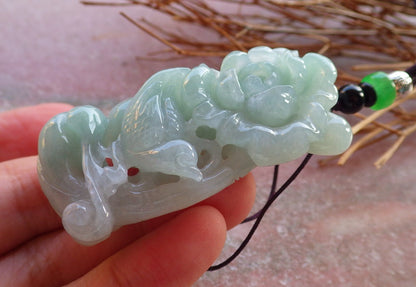 Certified Hand Carved Green Natural Myanmar Burma Grade A Jade jadeite Phoenix Bird Flower Pendant Necklace