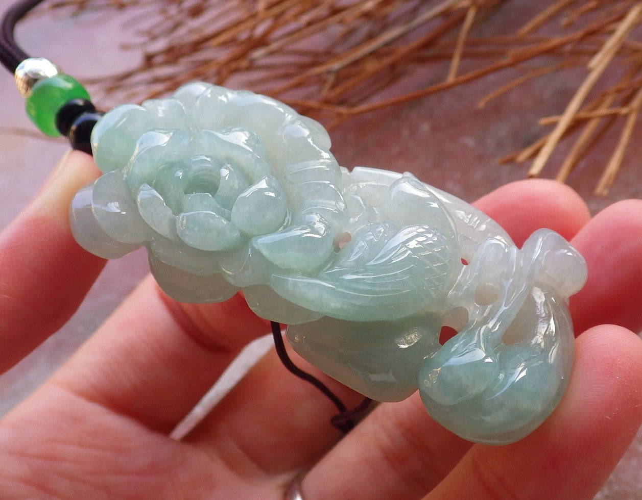 Certified Hand Carved Green Natural Myanmar Burma Grade A Jade jadeite Phoenix Bird Flower Pendant Necklace