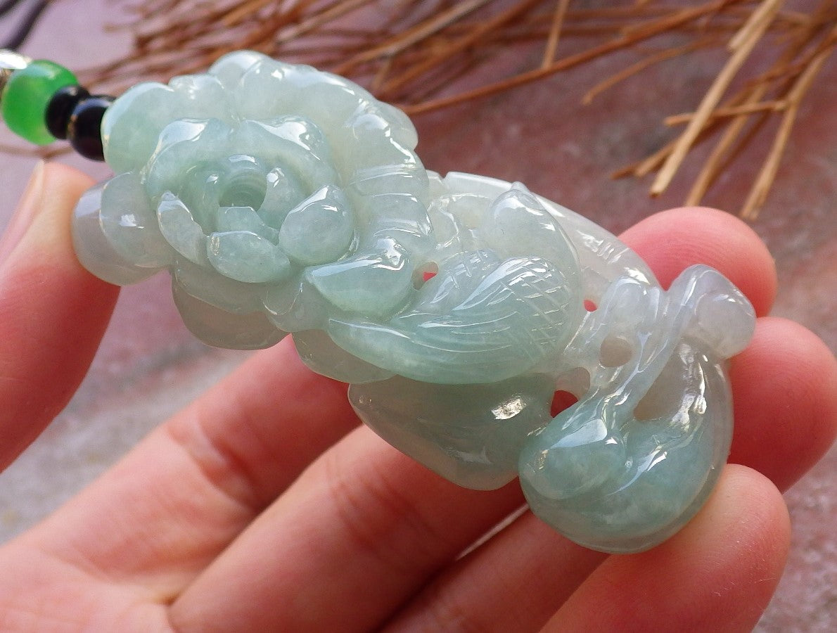 Certified Hand Carved Green Natural Myanmar Burma Grade A Jade jadeite Phoenix Bird Flower Pendant Necklace