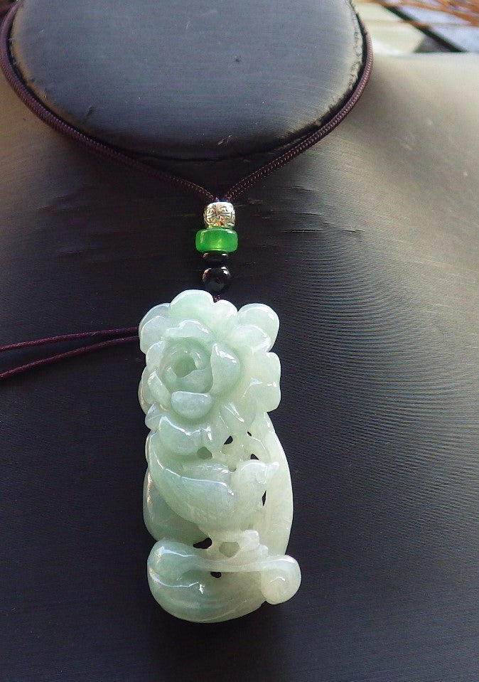 Certified Hand Carved Green Natural Myanmar Burma Grade A Jade jadeite Phoenix Bird Flower Pendant Necklace