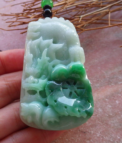 Certified Green Natural Burma A Jade jadeite Pendant Dragon Lotus Flower Pendant Necklace