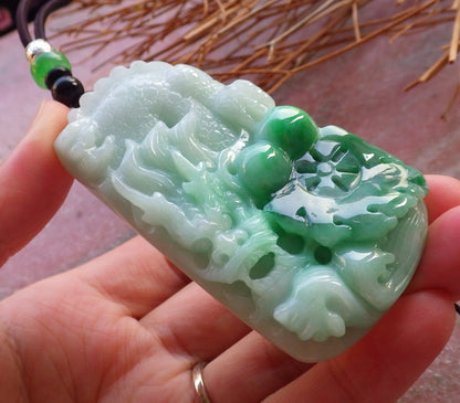 Certified Green Natural Burma A Jade jadeite Pendant Dragon Lotus Flower Pendant Necklace