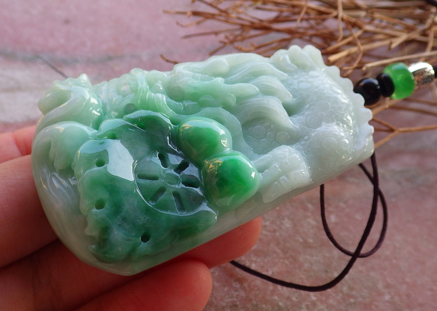 Certified Green Natural Burma A Jade jadeite Pendant Dragon Lotus Flower Pendant Necklace