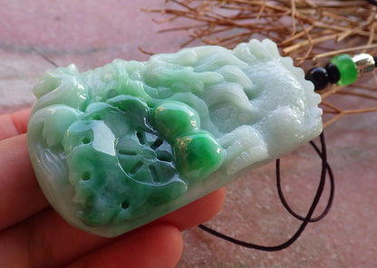 Certified Green Natural Burma A Jade jadeite Pendant Dragon Lotus Flower Pendant Necklace