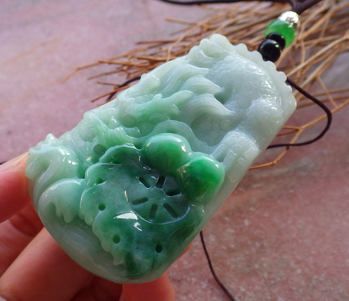 Certified Green Natural Burma A Jade jadeite Pendant Dragon Lotus Flower Pendant Necklace