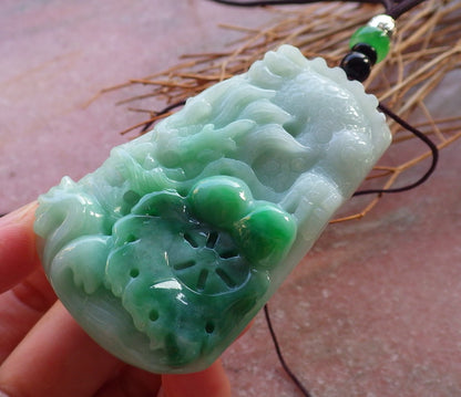 Certified Green Natural Burma A Jade jadeite Pendant Dragon Lotus Flower Pendant Necklace