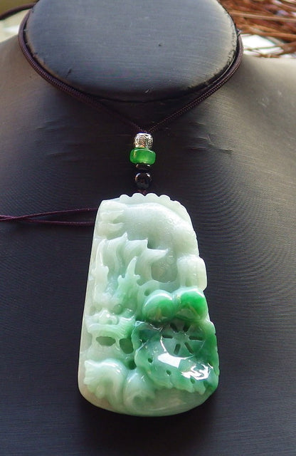 Certified Green Natural Burma A Jade jadeite Pendant Dragon Lotus Flower Pendant Necklace