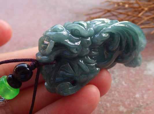 Certified Hand Carved Natural Green Myanmar Burma A Jade jadeite Flying Dragon Pi Xiu Pendant Necklace