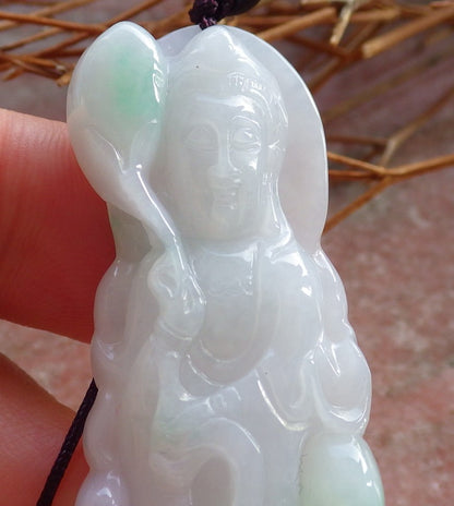 Certified Hand Carved Myanmar Burma A Jade jadeite Guanyin Kwan Yin God Pendant Necklace