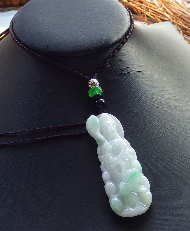 Certified Hand Carved Myanmar Burma A Jade jadeite Guanyin Kwan Yin God Pendant Necklace