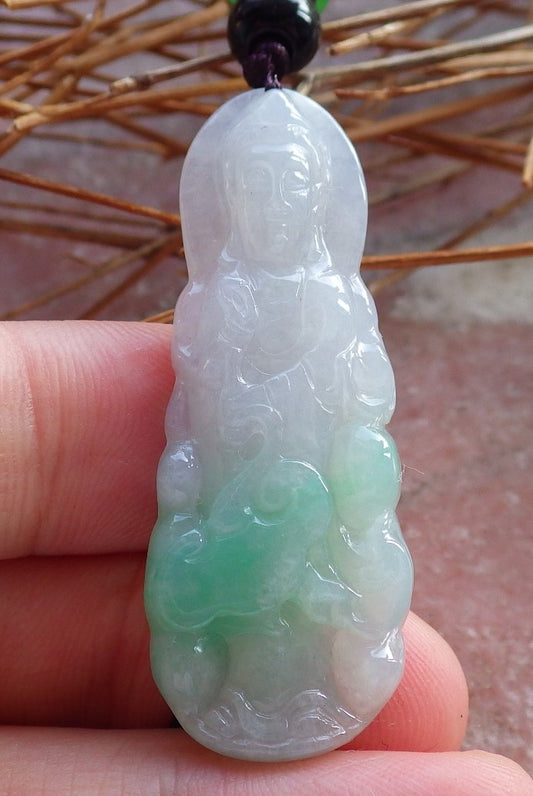 Certified Natural Hand Carved Myanmar Burma A Jade jadeite Guanyin Kwan Yin God Pendant Necklace