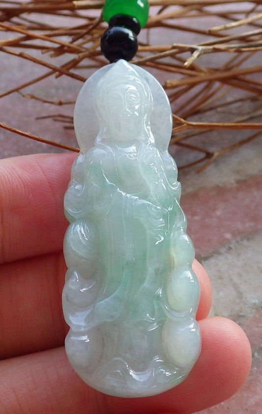 Certified Natural Hand Carved Myanmar Icy Green Burma A Jade jadeite Guanyin Kwan Yin God Pendant Necklace