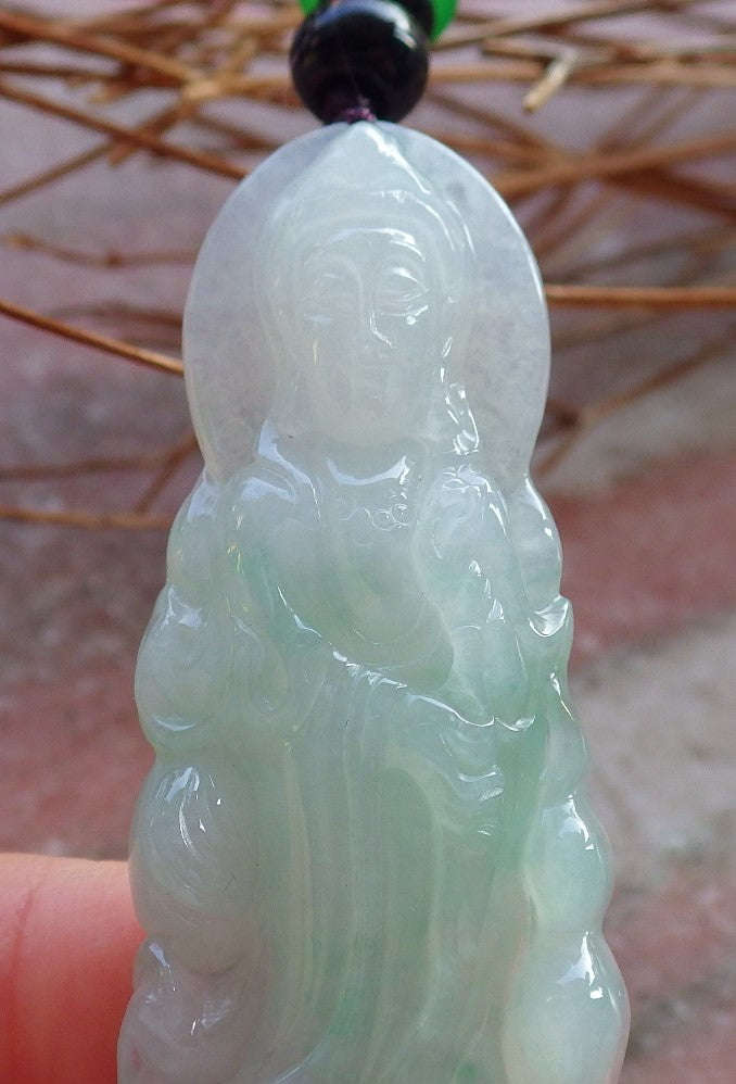 Certified Natural Hand Carved Myanmar Icy Green Burma A Jade jadeite Guanyin Kwan Yin God Pendant Necklace