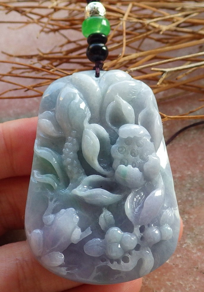 Certified Hand Carved Natural Lavender Green Myanmar Burma A Jade jadeite Frog Toad Lotus Pendant Necklace