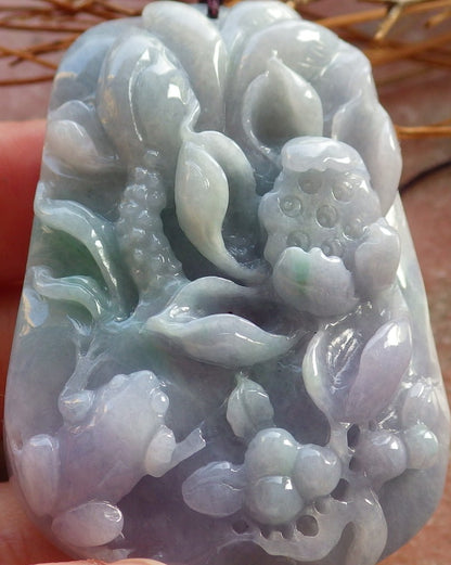 Certified Hand Carved Natural Lavender Green Myanmar Burma A Jade jadeite Frog Toad Lotus Pendant Necklace