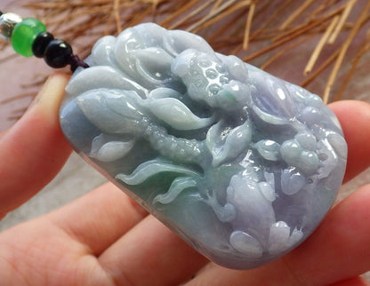 Certified Hand Carved Natural Lavender Green Myanmar Burma A Jade jadeite Frog Toad Lotus Pendant Necklace