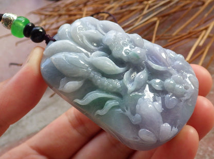 Certified Hand Carved Natural Lavender Green Myanmar Burma A Jade jadeite Frog Toad Lotus Pendant Necklace