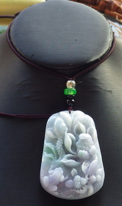 Certified Hand Carved Natural Lavender Green Myanmar Burma A Jade jadeite Frog Toad Lotus Pendant Necklace