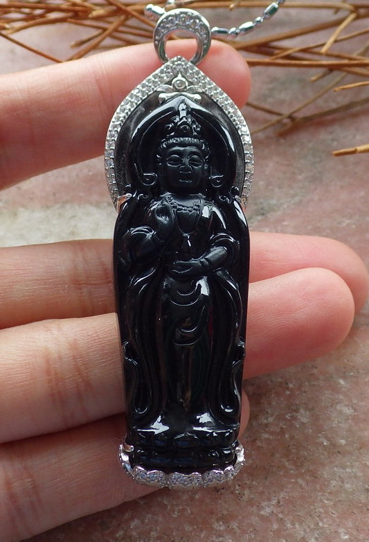 Certified Sterling Silver 925 Natural Myanmar Burma A Hand Carved Black Green Jade Jadeite Guanyin Kwan Yin God Pendant Necklace with Chain