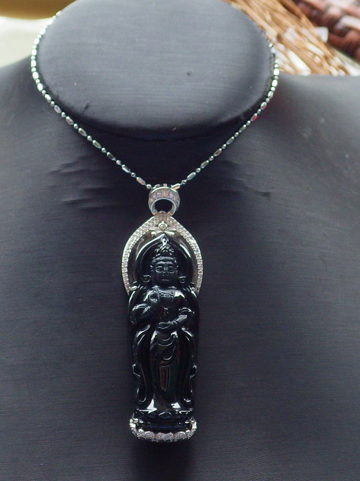 Certified Sterling Silver 925 Natural Myanmar Burma A Hand Carved Black Green Jade Jadeite Guanyin Kwan Yin God Pendant Necklace with Chain