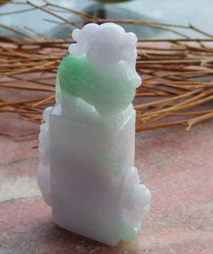 Certified Hand Carved Green Natural Myanmar Burma A Jade Jadeite Dragon Turtle Chop Seal Display