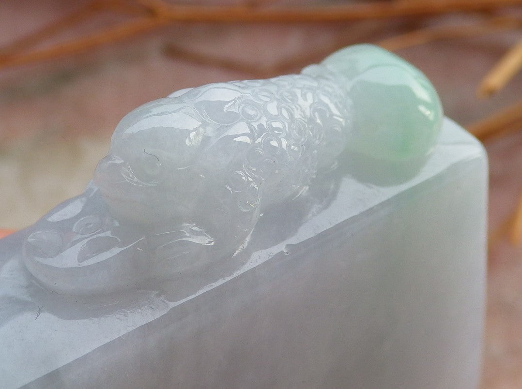 Certified Hand Carved Green Natural Myanmar Burma A Jade Jadeite Dragon Turtle Chop Seal Display