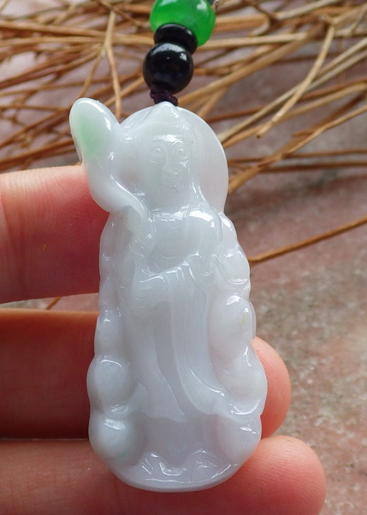 Certified Hand Carved Green Natural Myanmar Burma A Jade Jadeite Guanyin Kwan yin Pendant Necklace