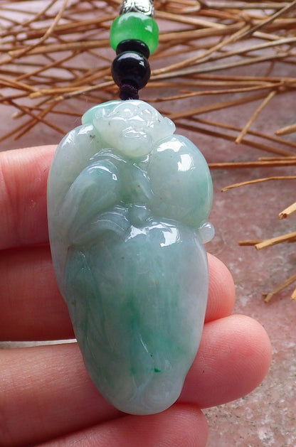 Certified Hand Carved Green Natural Myanmar Burma A Jade jadeite Monkey Peach Ruyi Pendant Necklace