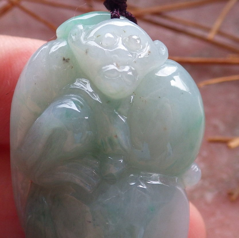 Certified Hand Carved Green Natural Myanmar Burma A Jade jadeite Monkey Peach Ruyi Pendant Necklace