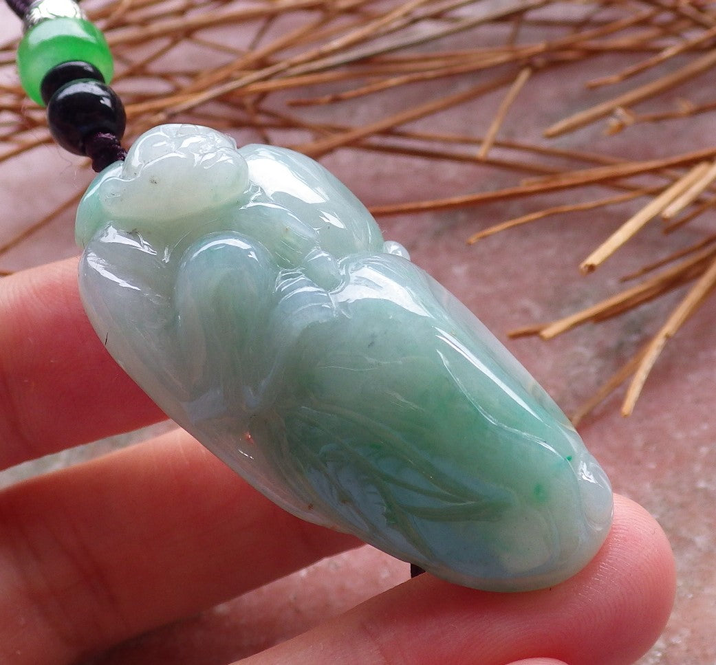 Certified Hand Carved Green Natural Myanmar Burma A Jade jadeite Monkey Peach Ruyi Pendant Necklace