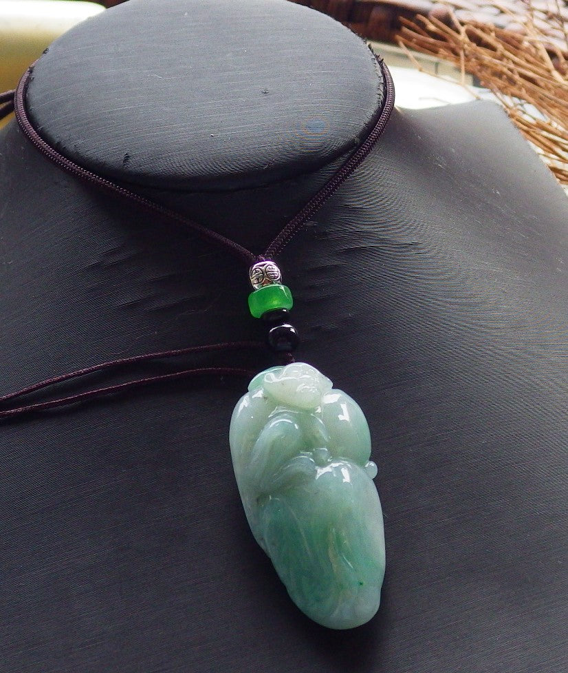 Certified Hand Carved Green Natural Myanmar Burma A Jade jadeite Monkey Peach Ruyi Pendant Necklace